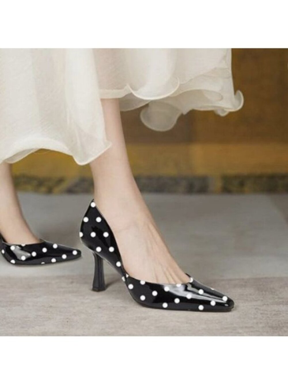 FOWT Spring Fashion V-Cut Splicing Flared Heel Slip on Black Pumps Polka Dot